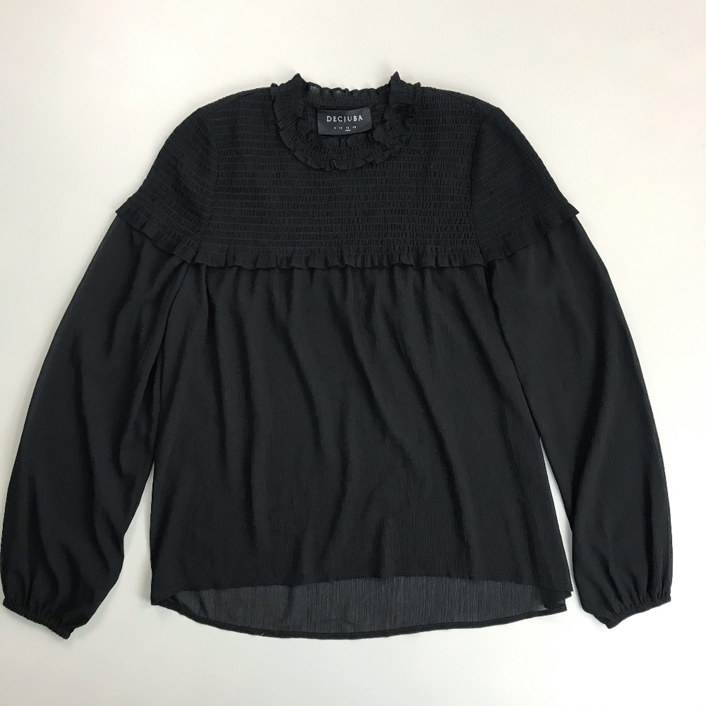 DECJUBA Semi-Sheer Peasant Blouse SZ 12 L/S Shirred Yoke Bohemian Black